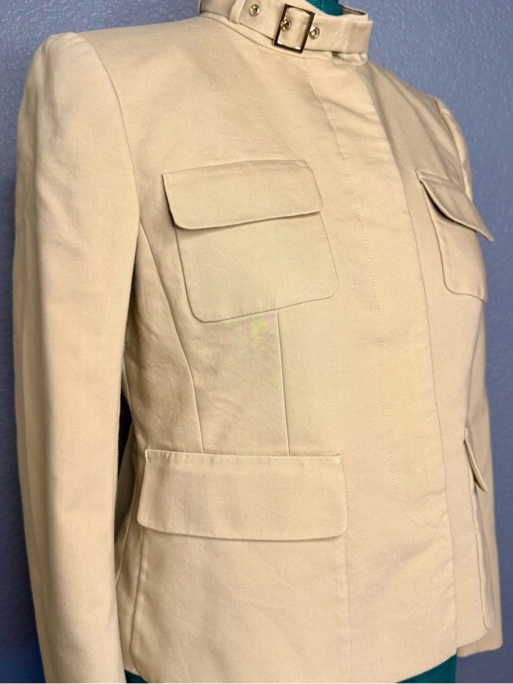 Ann Taylor Cream Utility Jacket Buckle Neck Size 12 Tailored Lightweight - Picture 12 of 16